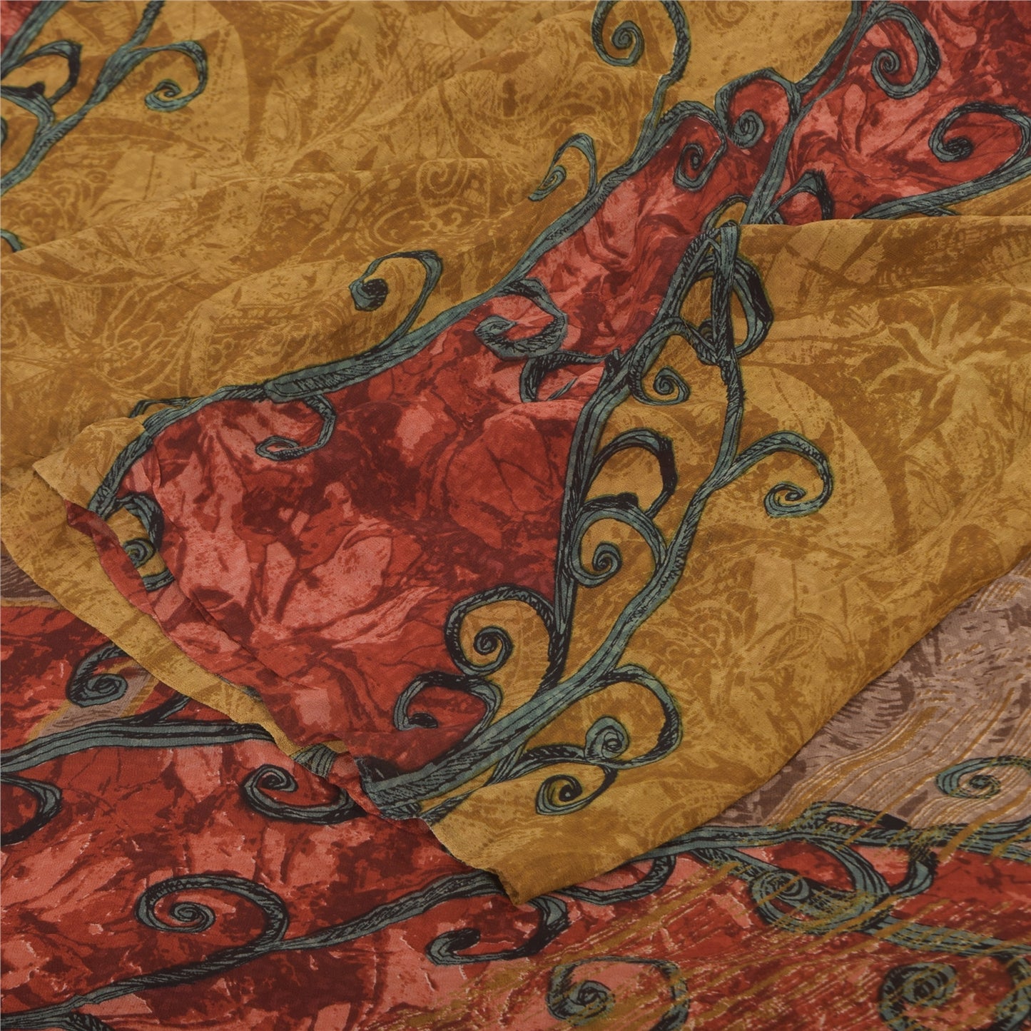 Sanskriti Vintage Sarees Mustard Pure Georgette Printed Sari 5+yd Craft Sustainable Fabric