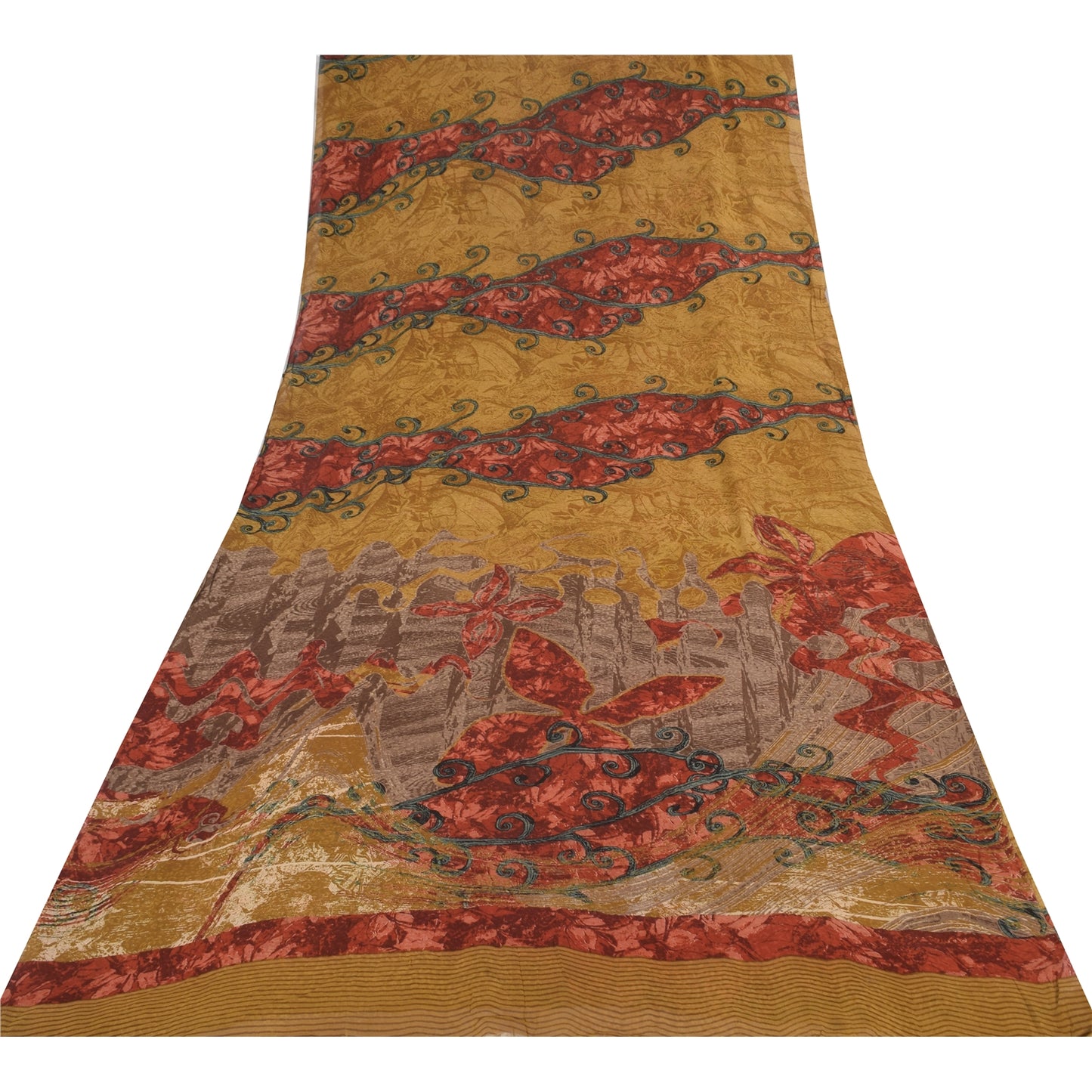 Sanskriti Vintage Sarees Mustard Pure Georgette Printed Sari 5+yd Craft Sustainable Fabric