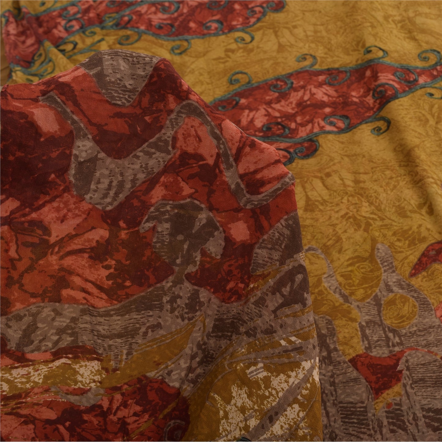 Sanskriti Vintage Sarees Mustard Pure Georgette Printed Sari 5+yd Craft Sustainable Fabric