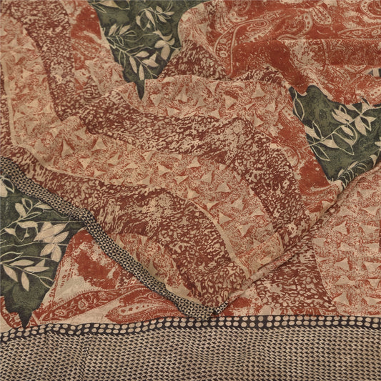 Sanskriti Vintage Sarees Orange Pure Georgette Silk Print Sari 5+yd Craft Fabric