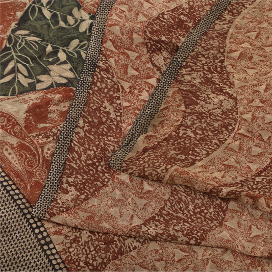 Sanskriti Vintage Sarees Orange Pure Georgette Silk Print Sari 5+yd Craft Fabric