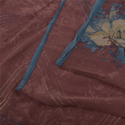 Sanskriti Vintage Sarees Dusty Red Pure Georgette Printed Sari 5+yd Craft Sustainable Fabric