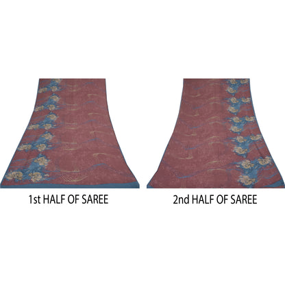 Sanskriti Vintage Sarees Dusty Red Pure Georgette Printed Sari 5+yd Craft Sustainable Fabric