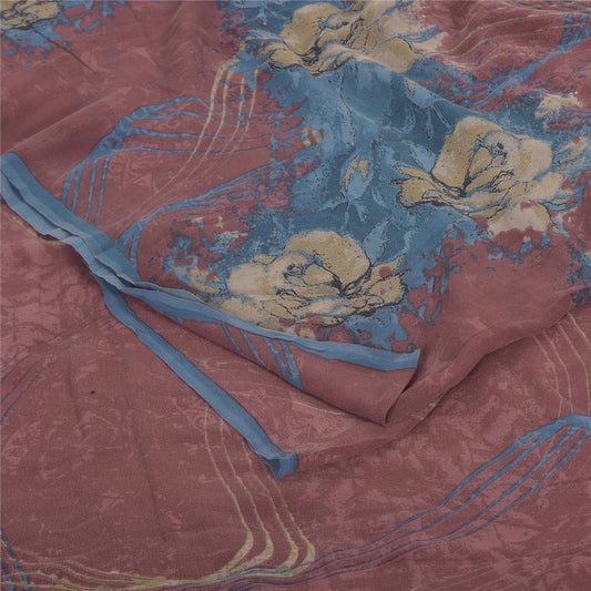 Sanskriti Vintage Sarees Dusty Red Pure Georgette Printed Sari 5+yd Craft Sustainable Fabric