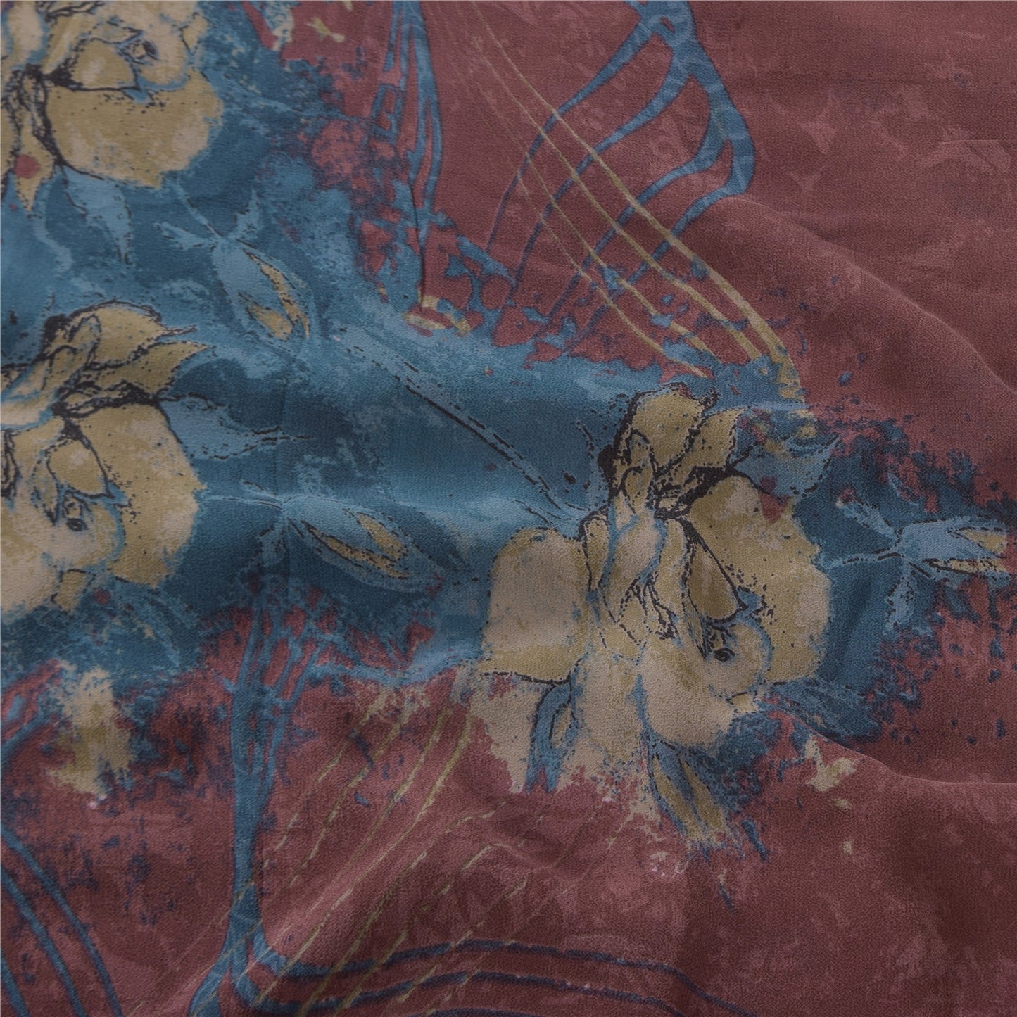 Sanskriti Vintage Sarees Dusty Red Pure Georgette Printed Sari 5+yd Craft Sustainable Fabric