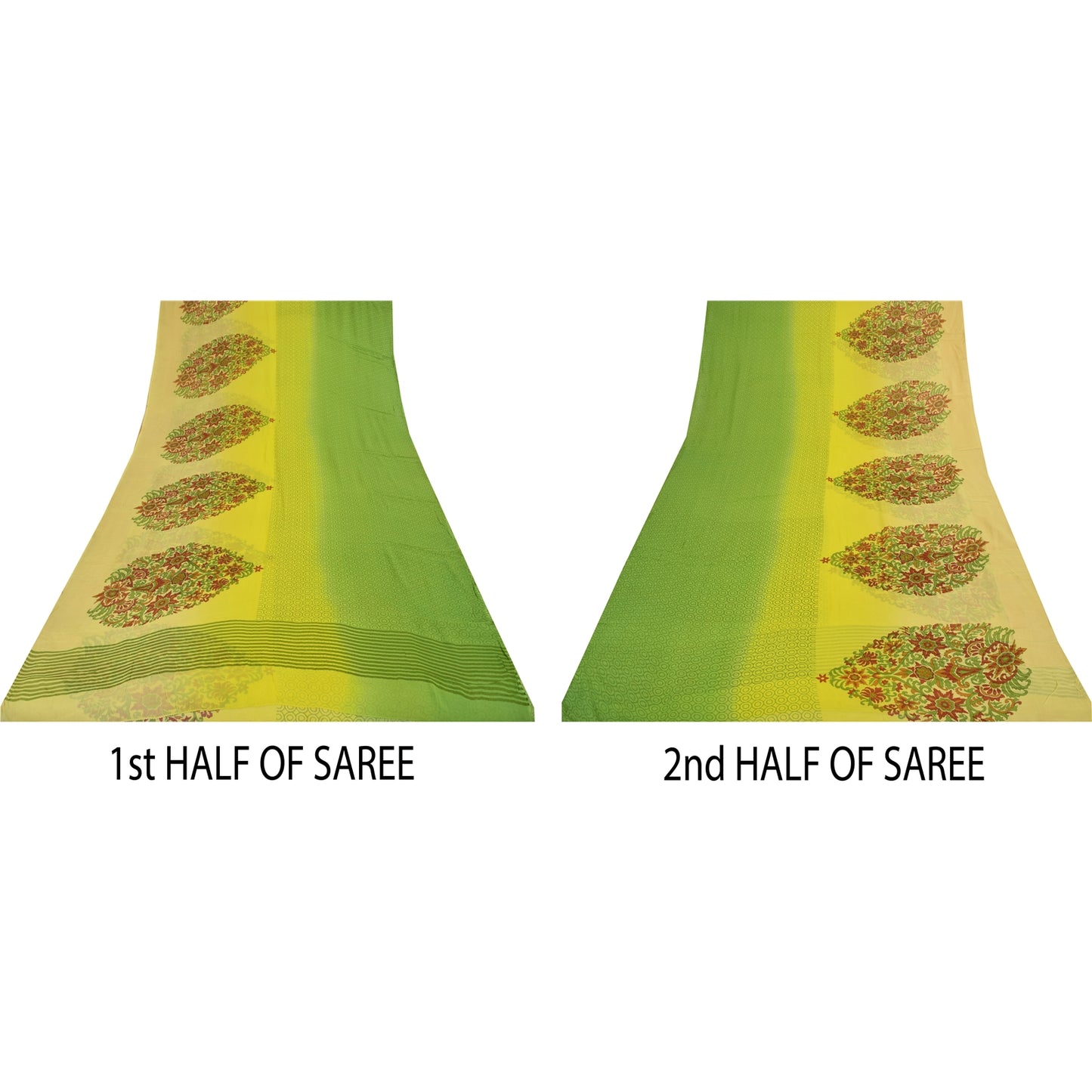 Sanskriti Vintage Sarees Green/Yellow Pure Georgette Printed Sari 5+yd Sustainable Fabric