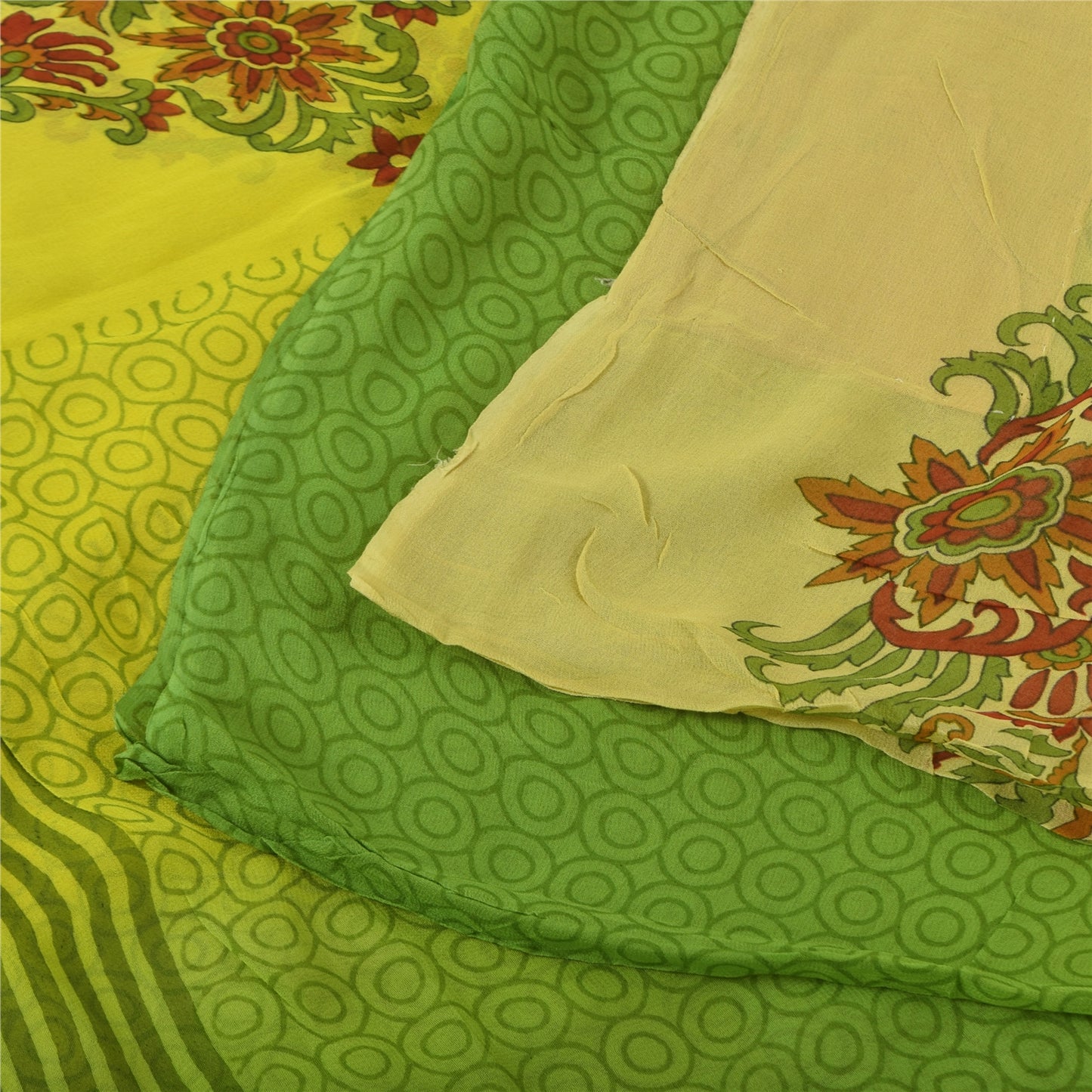 Sanskriti Vintage Sarees Green/Yellow Pure Georgette Printed Sari 5+yd Sustainable Fabric
