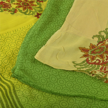 Sanskriti Vintage Sarees Green/Yellow Pure Georgette Printed Sari 5+yd Sustainable Fabric