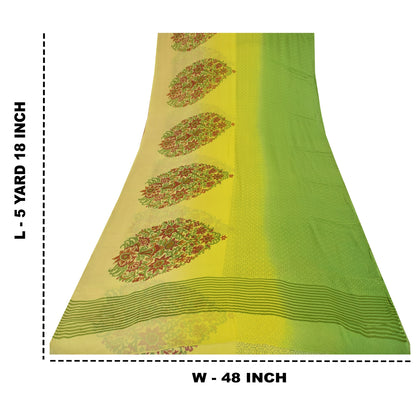 Sanskriti Vintage Sarees Green/Yellow Pure Georgette Printed Sari 5+yd Sustainable Fabric
