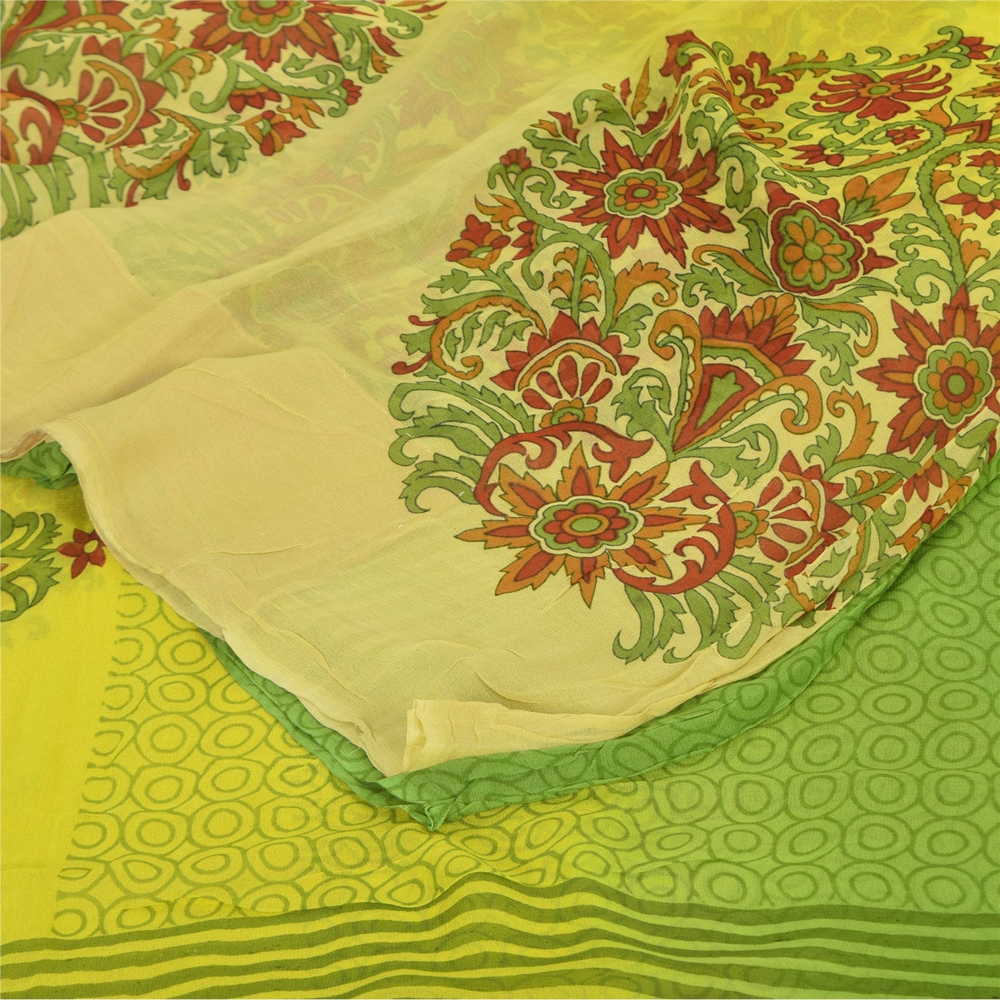 Sanskriti Vintage Sarees Green/Yellow Pure Georgette Printed Sari 5+yd Sustainable Fabric