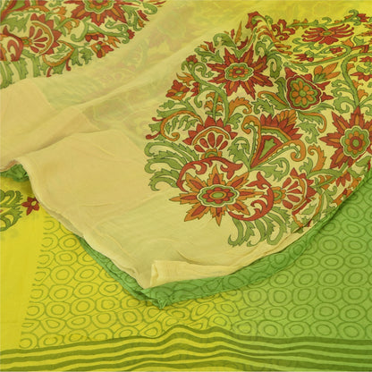 Sanskriti Vintage Sarees Green/Yellow Pure Georgette Printed Sari 5+yd Sustainable Fabric