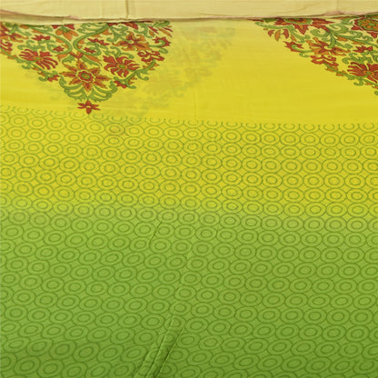 Sanskriti Vintage Sarees Green/Yellow Pure Georgette Printed Sari 5+yd Sustainable Fabric