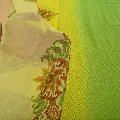 Sanskriti Vintage Sarees Green/Yellow Pure Georgette Printed Sari 5+yd Sustainable Fabric