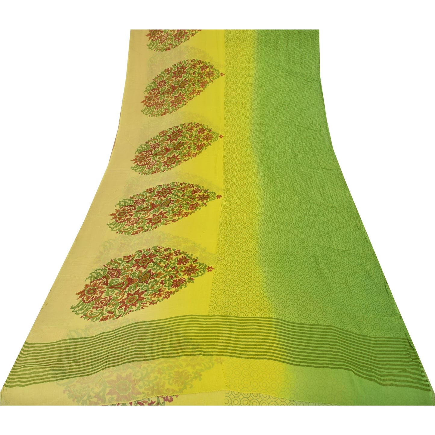 Sanskriti Vintage Sarees Green/Yellow Pure Georgette Printed Sari 5+yd Sustainable Fabric