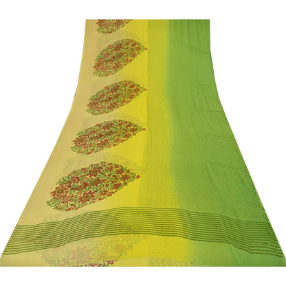 Sanskriti Vintage Sarees Green/Yellow Pure Georgette Printed Sari 5+yd Sustainable Fabric