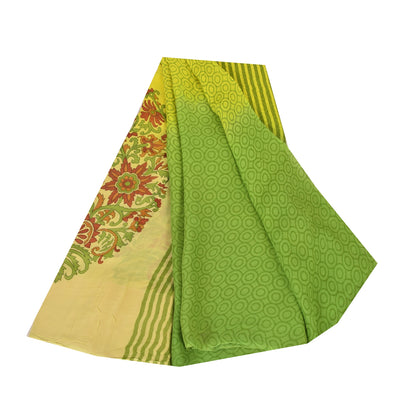 Sanskriti Vintage Sarees Green/Yellow Pure Georgette Printed Sari 5+yd Sustainable Fabric