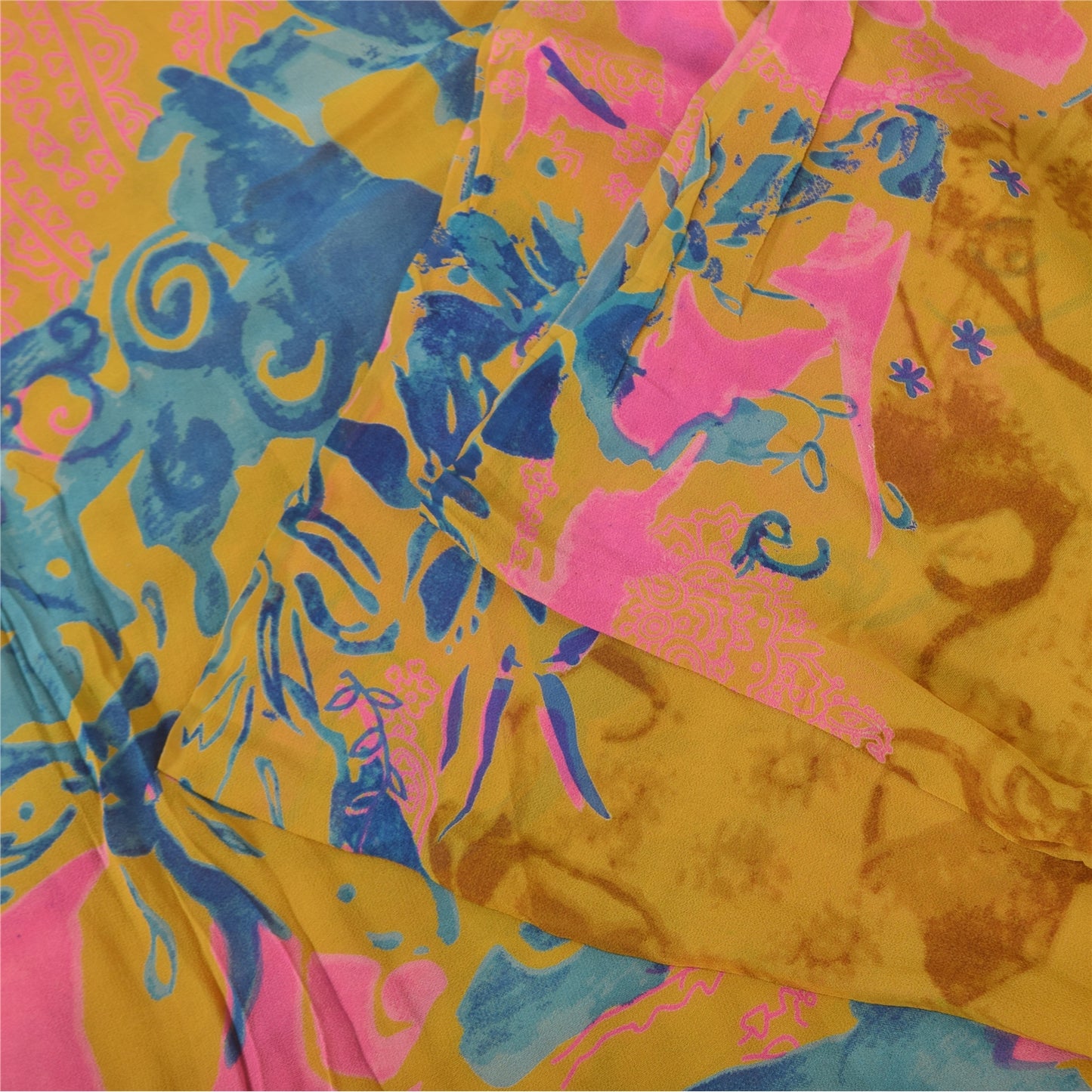 Sanskriti Vintage Sarees Saffron Pure Georgette Silk Printed Sari 5+yd Sustainable Fabric