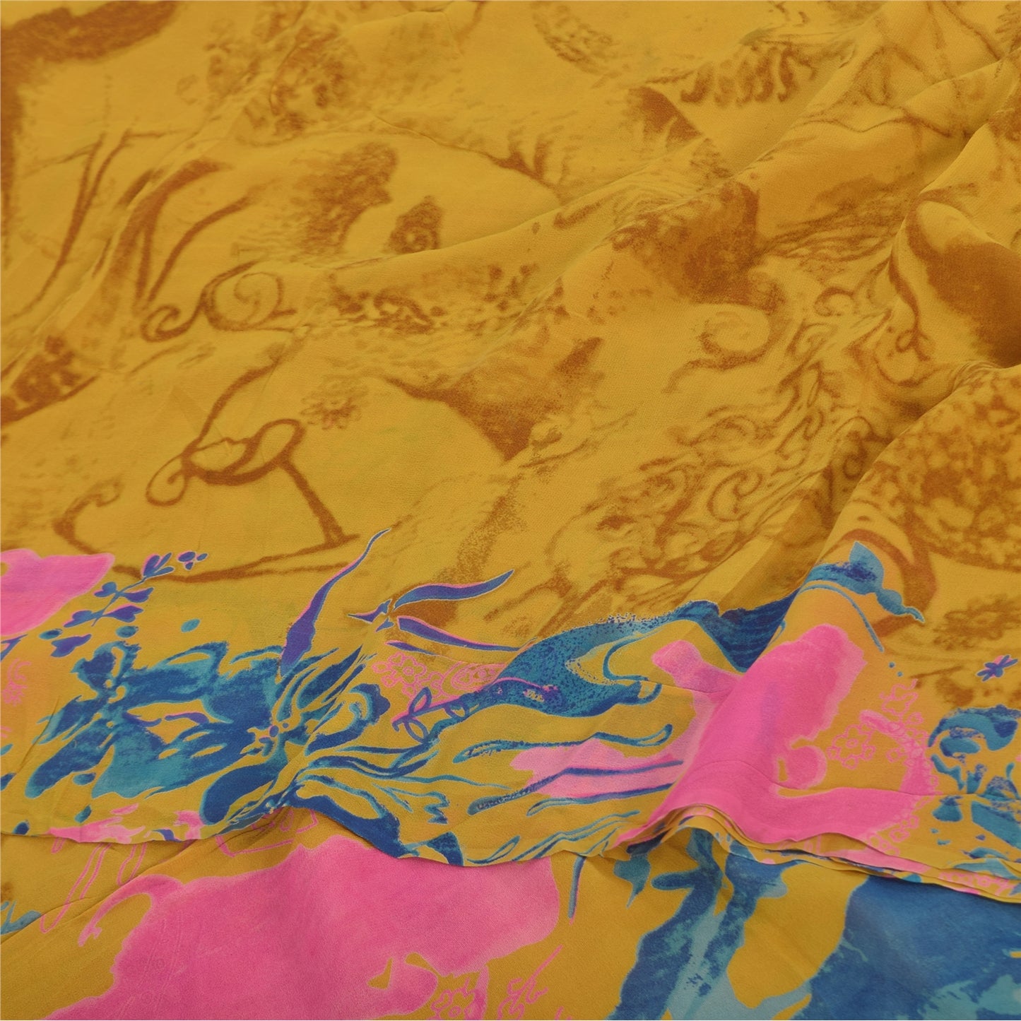 Sanskriti Vintage Sarees Saffron Pure Georgette Silk Printed Sari 5+yd Sustainable Fabric