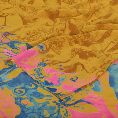 Sanskriti Vintage Sarees Saffron Pure Georgette Silk Printed Sari 5+yd Sustainable Fabric