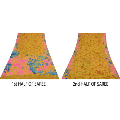 Sanskriti Vintage Sarees Saffron Pure Georgette Silk Printed Sari 5+yd Sustainable Fabric