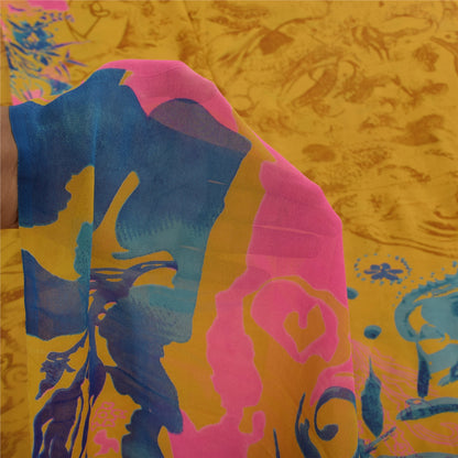 Sanskriti Vintage Sarees Saffron Pure Georgette Silk Printed Sari 5+yd Sustainable Fabric