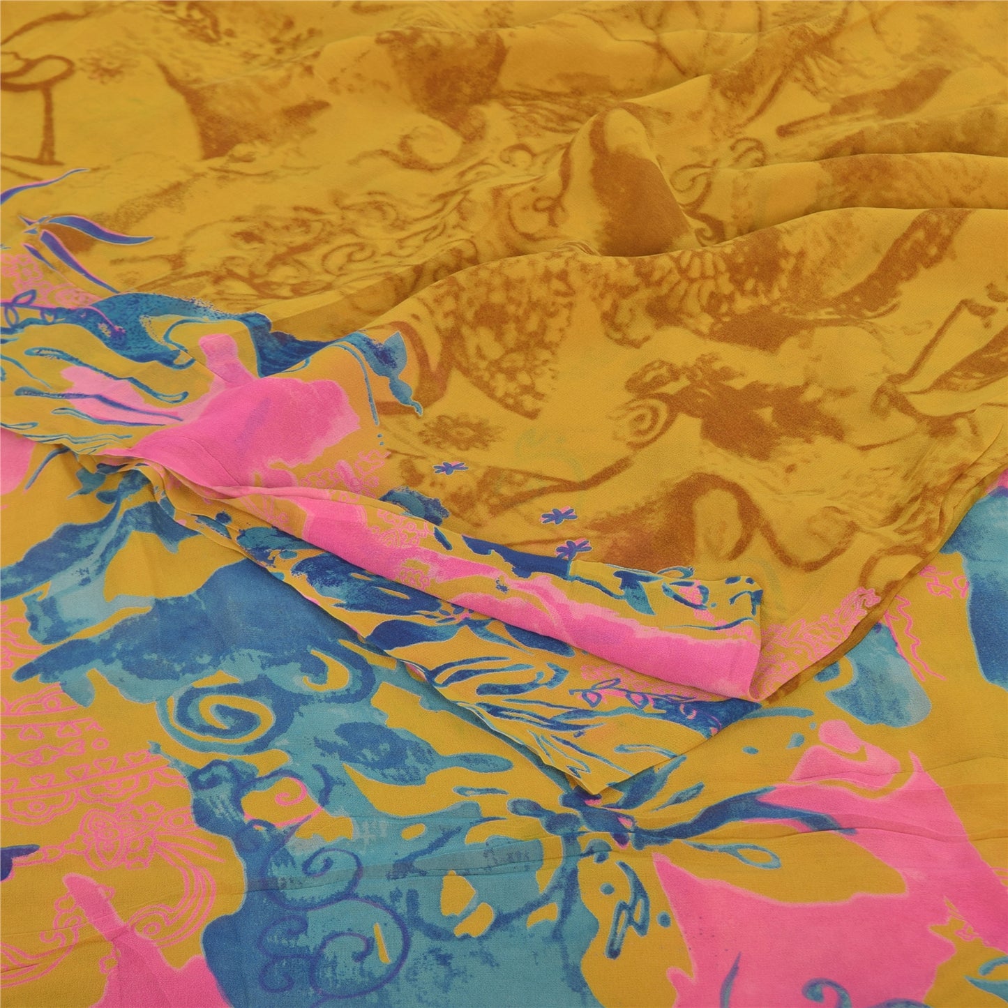 Sanskriti Vintage Sarees Saffron Pure Georgette Silk Printed Sari 5+yd Sustainable Fabric