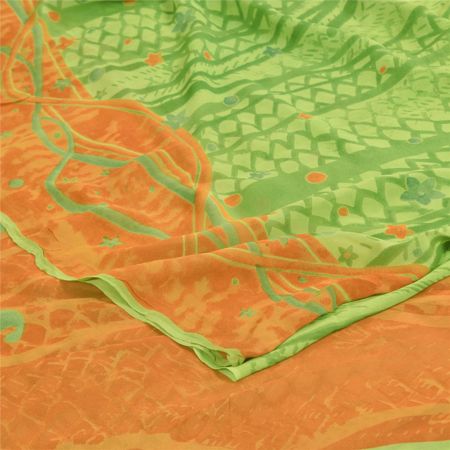 Sanskriti Vintage Sarees Green Pure Georgette Silk Print Sari 5+yd Craft Sustainable Fabric