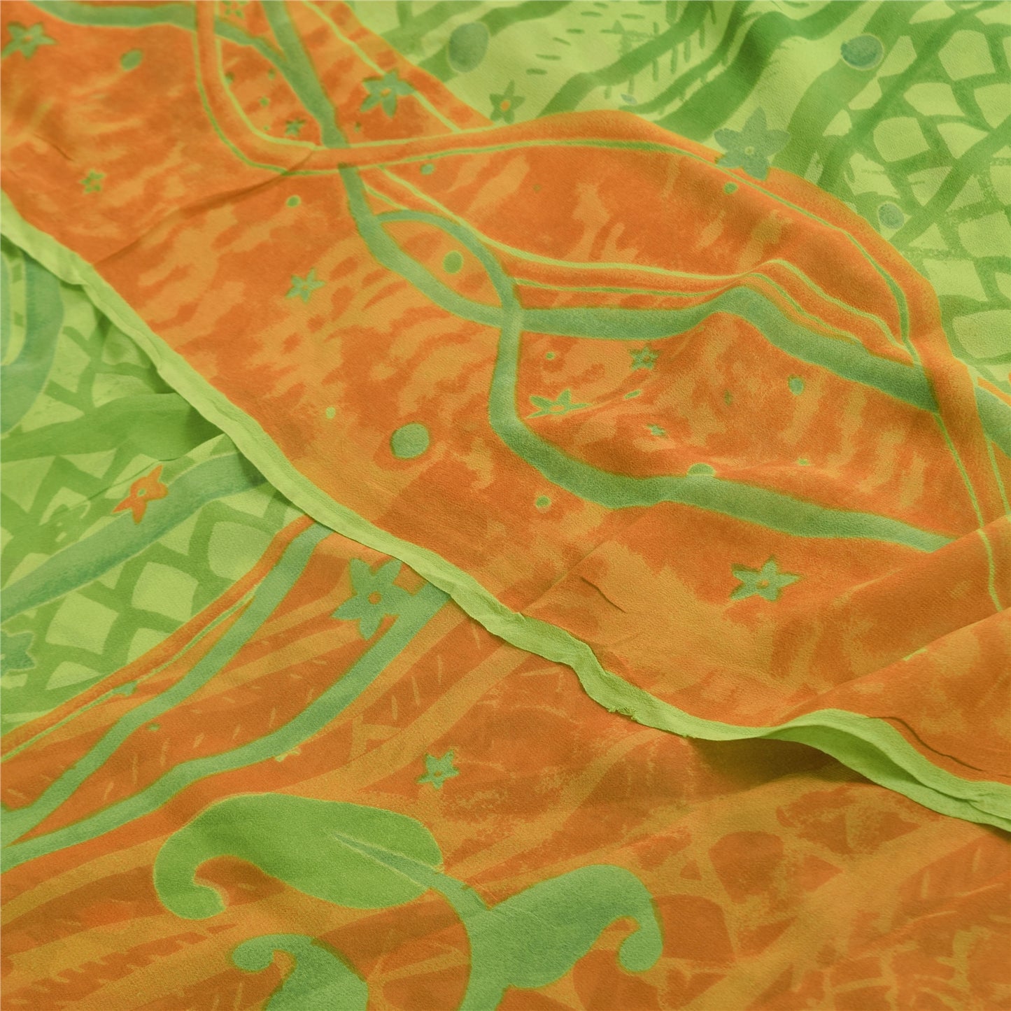 Sanskriti Vintage Sarees Green Pure Georgette Silk Print Sari 5+yd Craft Sustainable Fabric