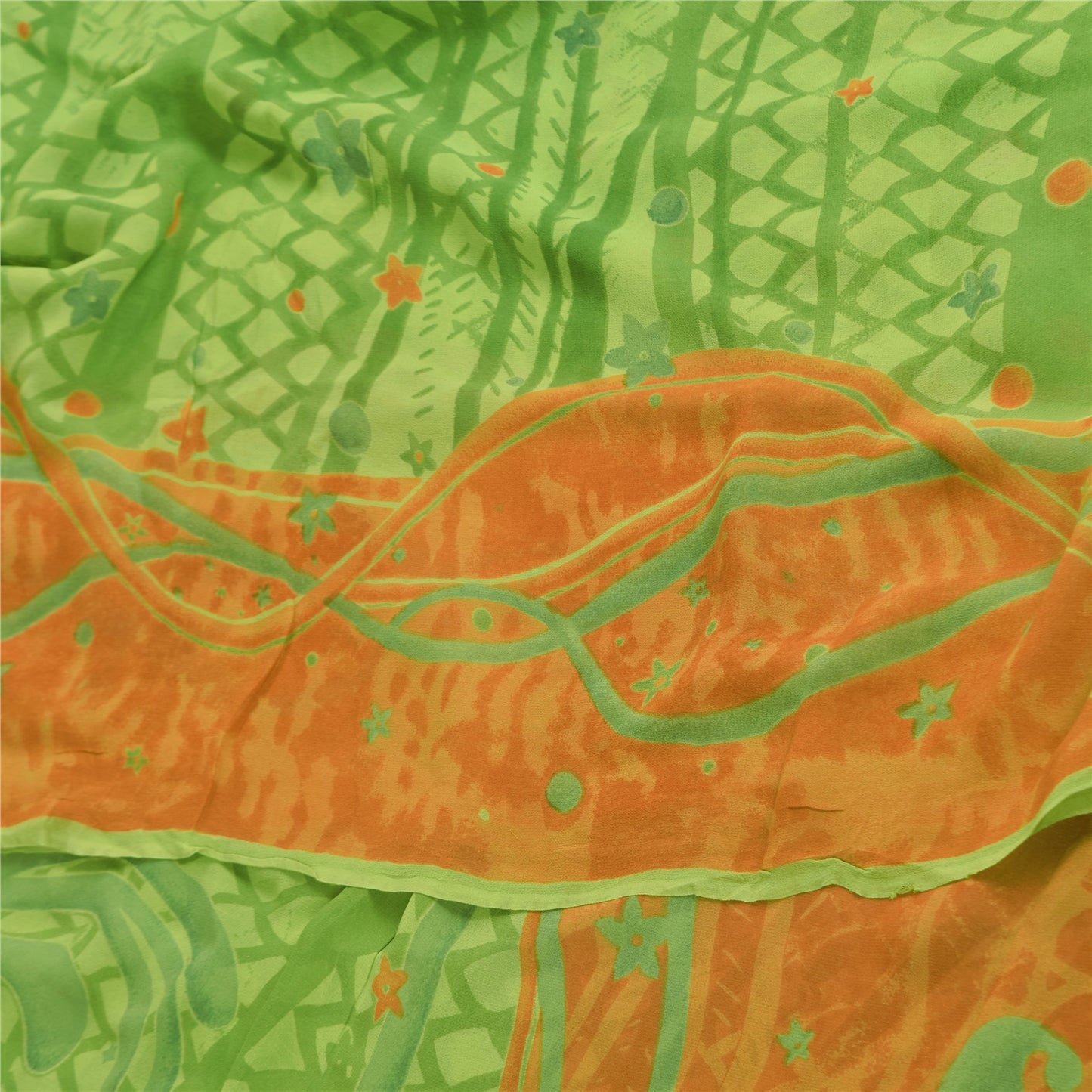 Sanskriti Vintage Sarees Green Pure Georgette Silk Print Sari 5+yd Craft Sustainable Fabric