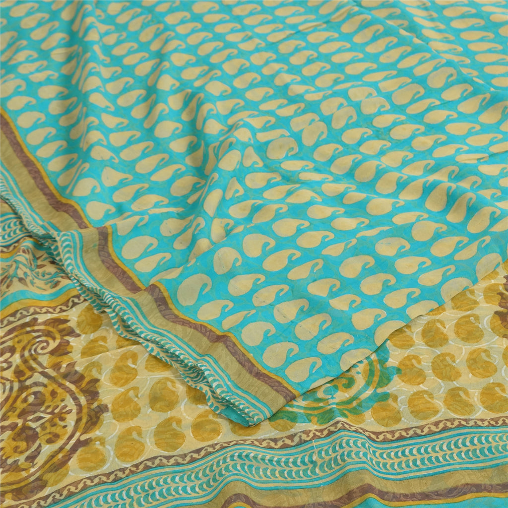 Sanskriti Vintage Sarees Blue Pure Georgette Silk Printed Sari 5+yd Craft Sustainable Fabric