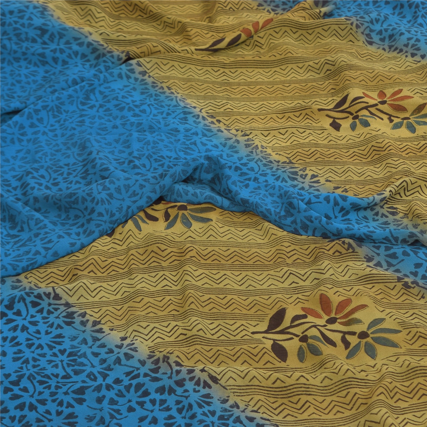 Sanskriti Vintage Sarees Blue/Green Pure Georgette Print Sari 5+yd Craft Sustainable Fabric