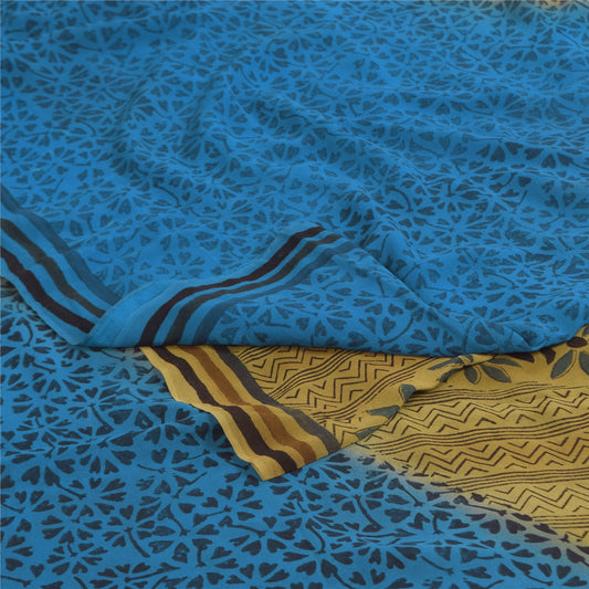 Sanskriti Vintage Sarees Blue/Green Pure Georgette Print Sari 5+yd Craft Sustainable Fabric