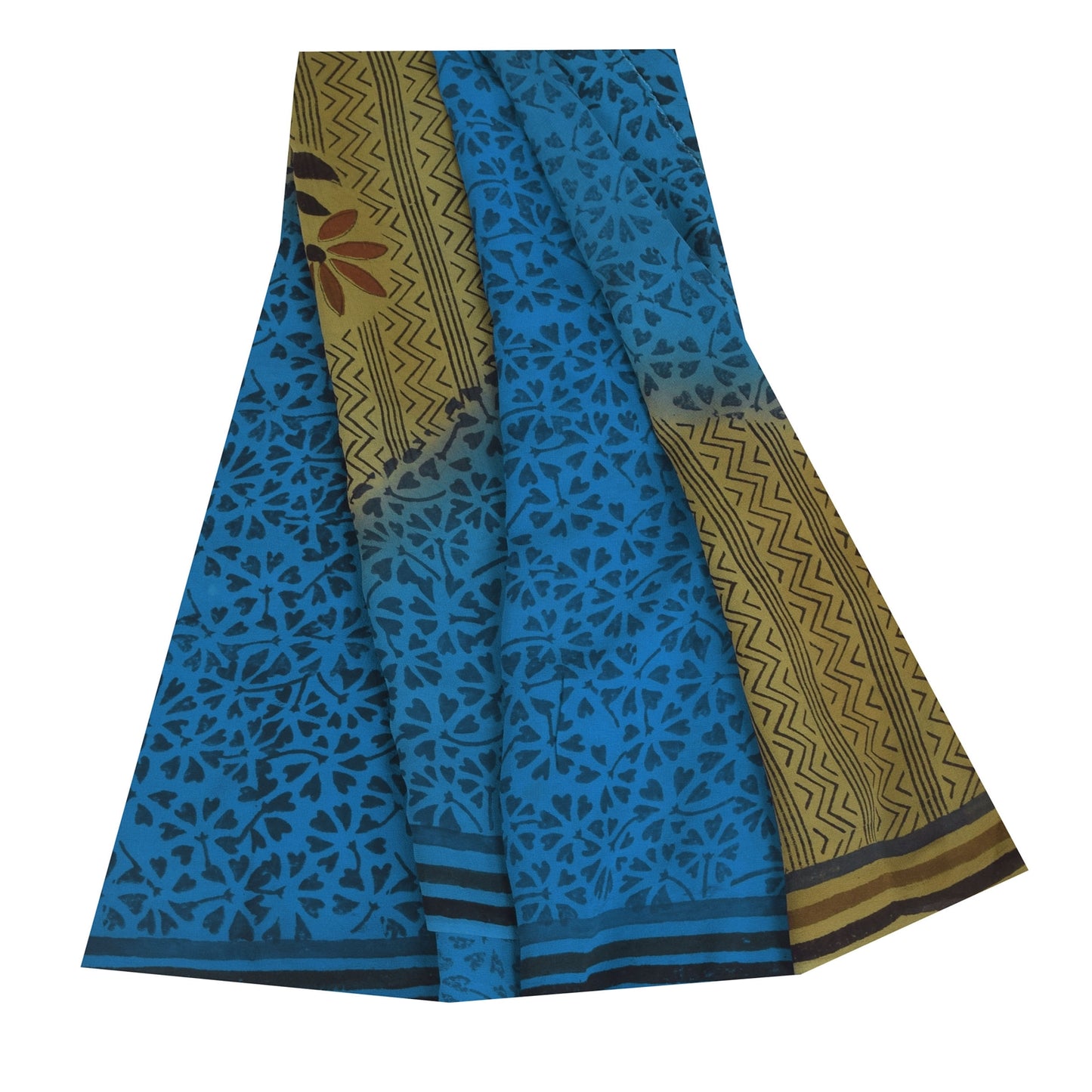 Sanskriti Vintage Sarees Blue/Green Pure Georgette Print Sari 5+yd Craft Sustainable Fabric