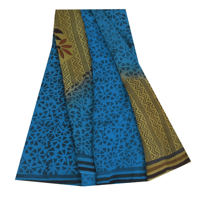 Sanskriti Vintage Sarees Blue/Green Pure Georgette Print Sari 5+yd Craft Sustainable Fabric