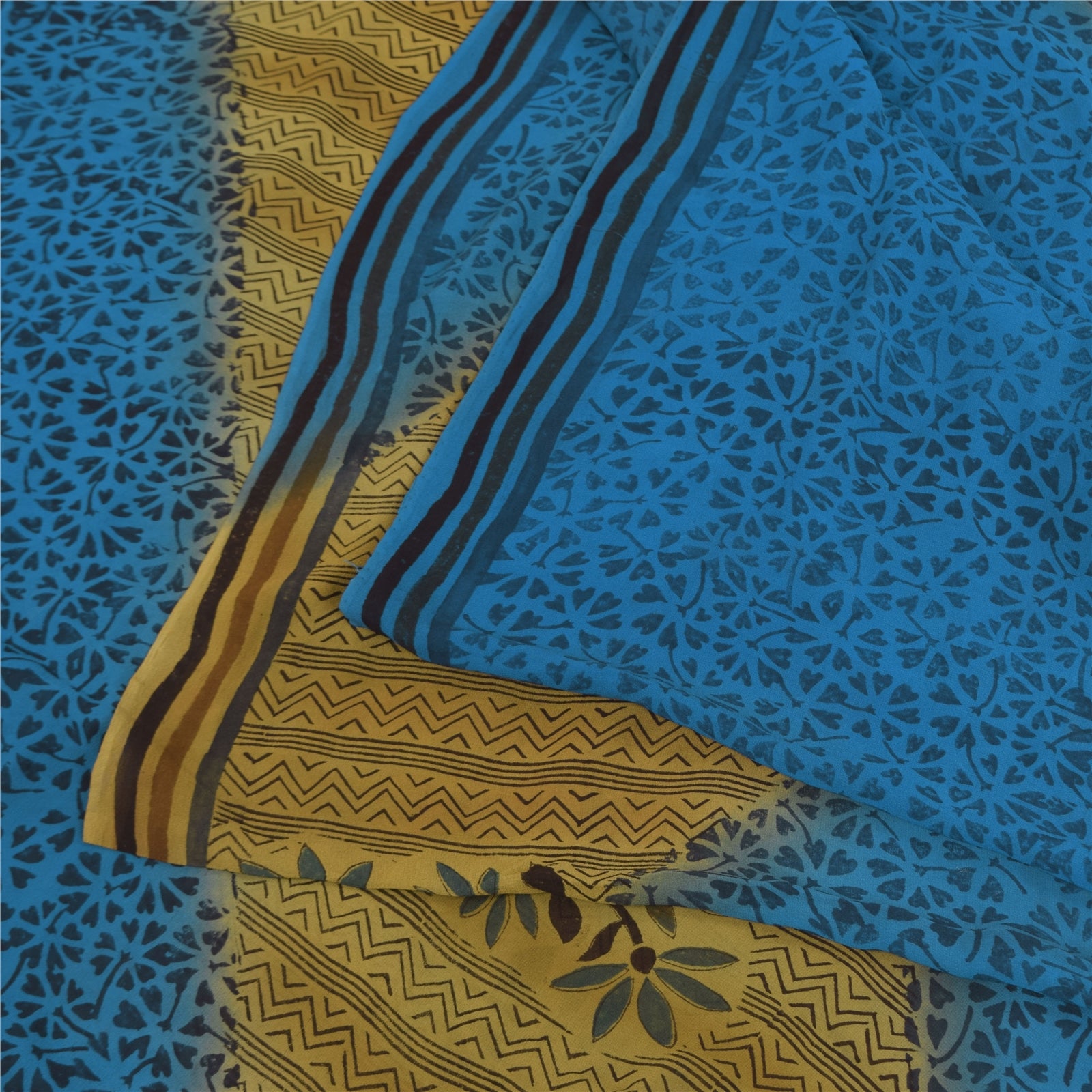 Sanskriti Vintage Sarier Blå/Grøn Sari med Rent Georgette-print, 5+ yards Håndværksmæssigt Bæredygtigt Stoff