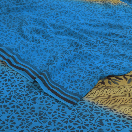 Sanskriti Vintage Sarees Blue/Green Pure Georgette Print Sari 5+yd Craft Sustainable Fabric