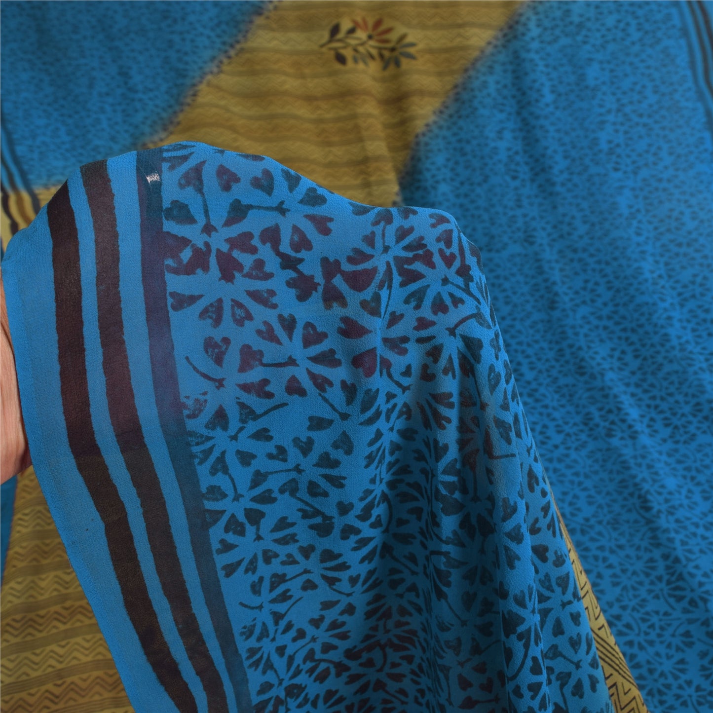 Sanskriti Vintage Sarees Blue/Green Pure Georgette Print Sari 5+yd Craft Sustainable Fabric