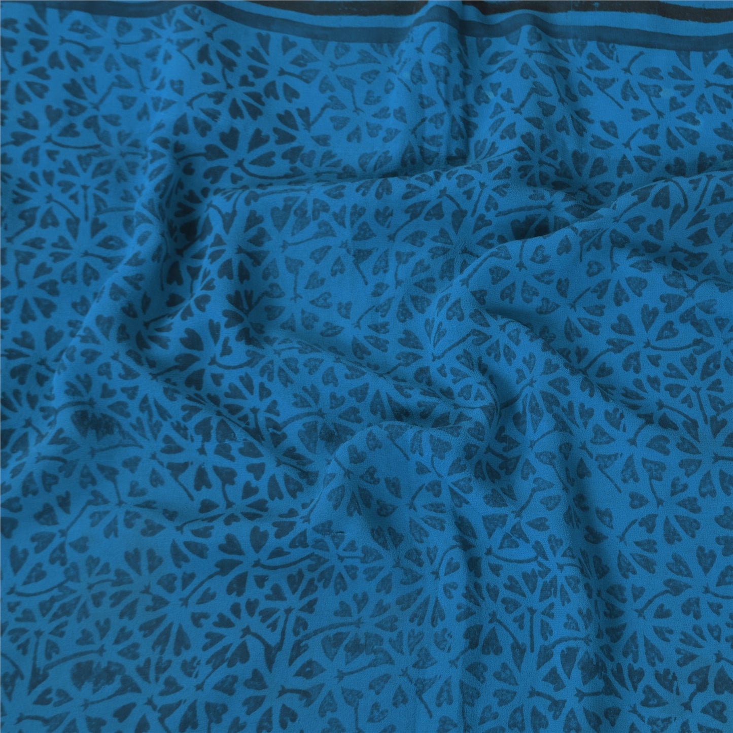 Sanskriti Vintage Sarees Blue/Green Pure Georgette Print Sari 5+yd Craft Sustainable Fabric