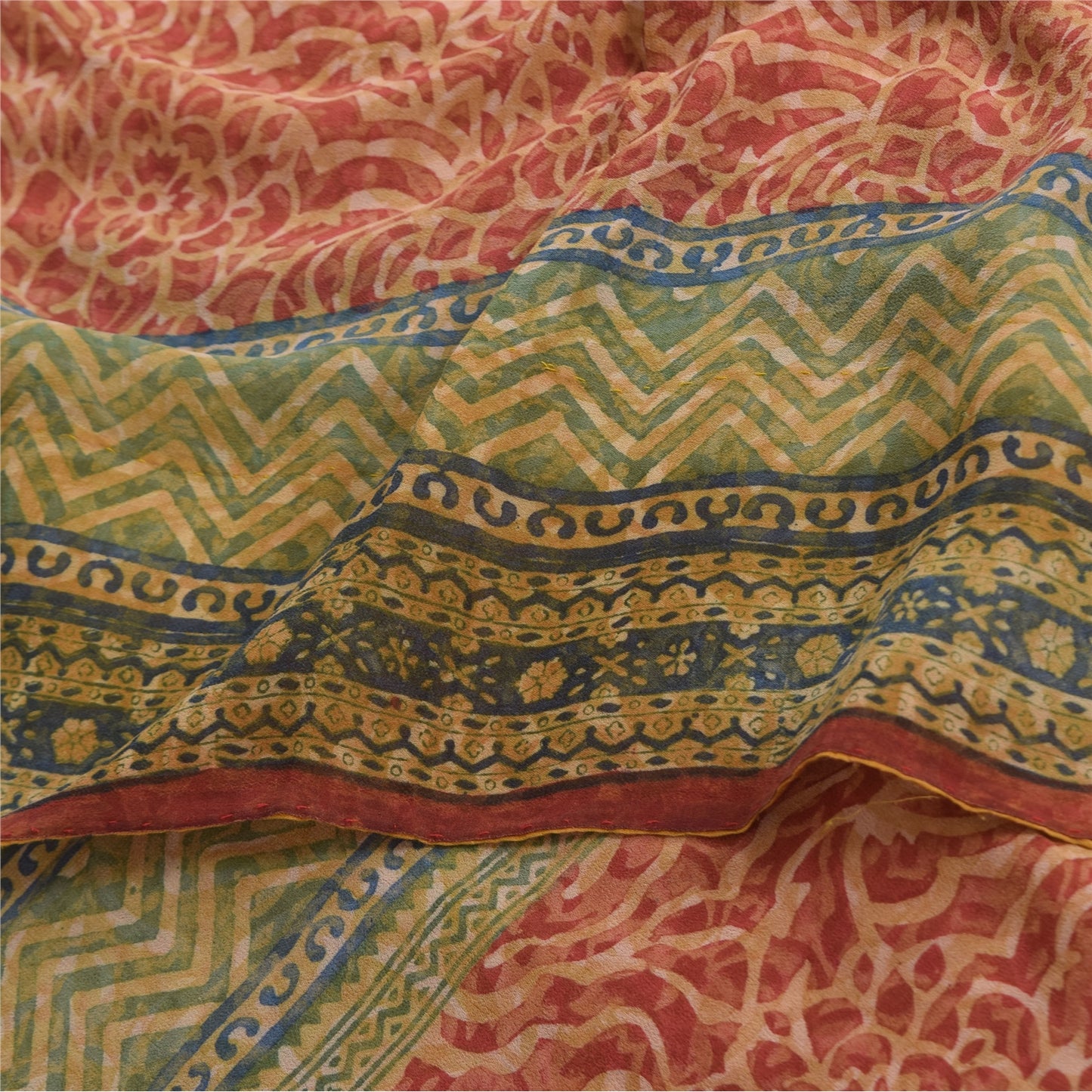 Sanskriti Vintage Sarees Red Pure Georgette Silk Printed Sari 5+yd Craft Sustainable Fabric