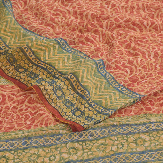 Sanskriti Vintage Sarees Red Pure Georgette Silk Printed Sari 5+yd Craft Sustainable Fabric