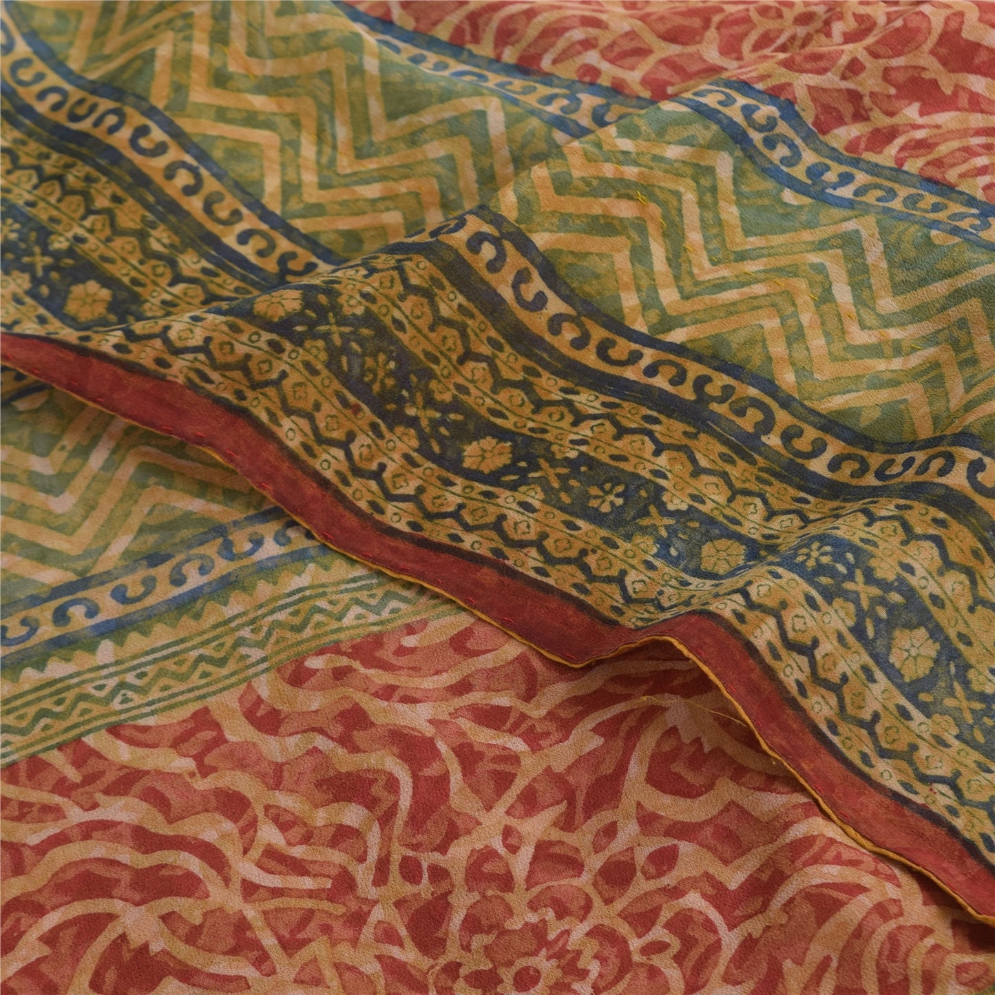 Sanskriti Vintage Sarees Red Pure Georgette Silk Printed Sari 5+yd Craft Sustainable Fabric