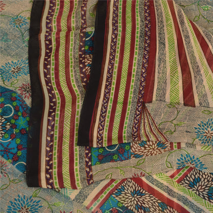 Sanskriti Vintage Sarees Ivory Pure Georgette Silk Print Sari 5+yd Craft Sustainable Fabric