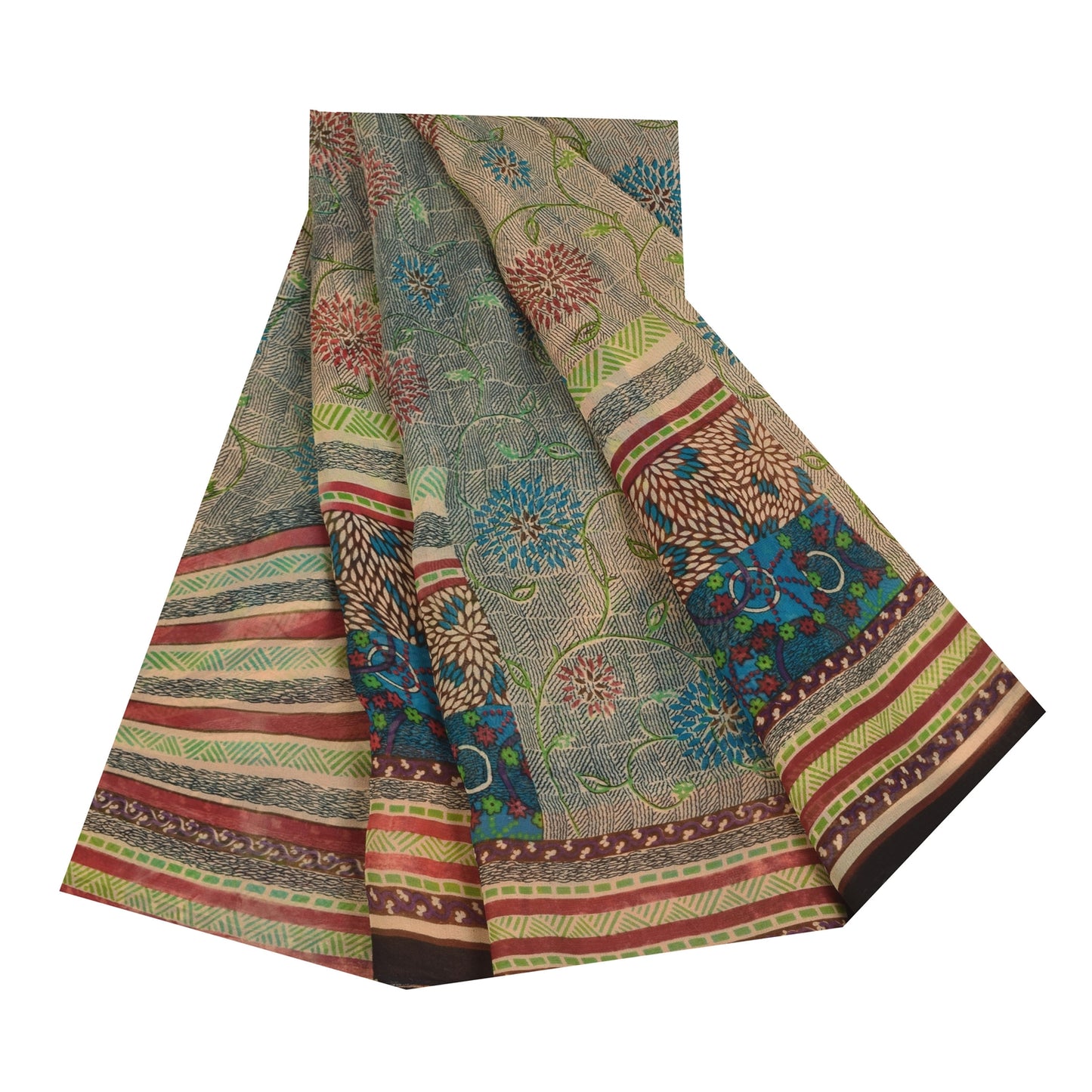 Sanskriti Vintage Sarees Ivory Pure Georgette Silk Print Sari 5+yd Craft Sustainable Fabric