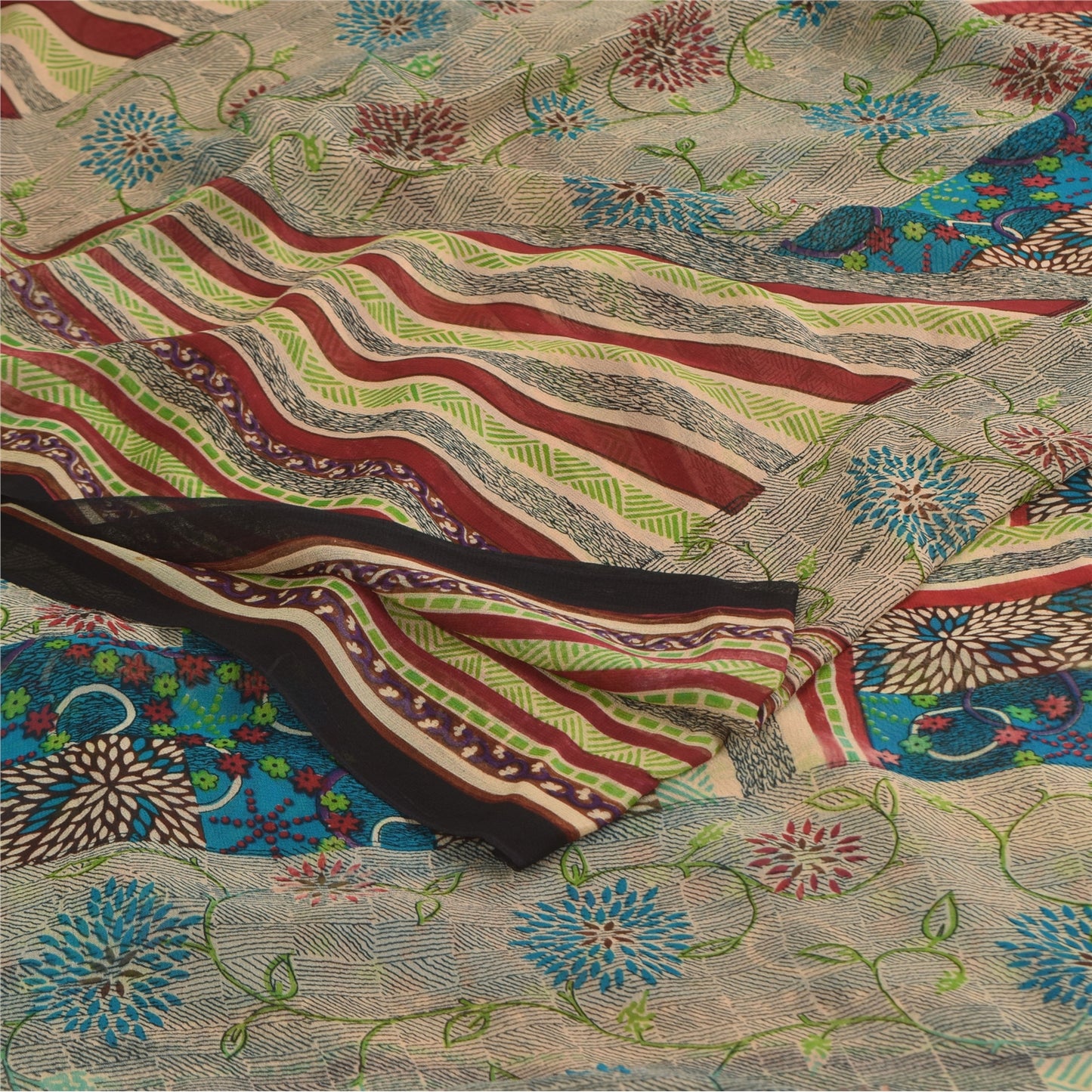 Sanskriti Vintage Sarees Ivory Pure Georgette Silk Print Sari 5+yd Craft Sustainable Fabric