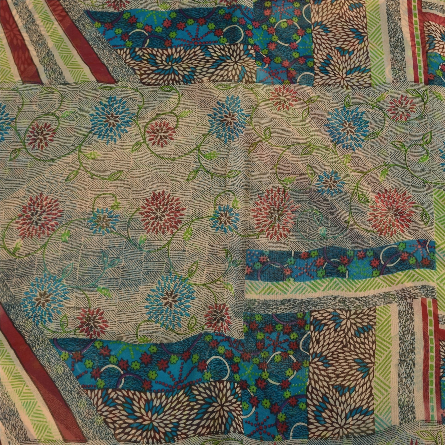 Sanskriti Vintage Sarees Ivory Pure Georgette Silk Print Sari 5+yd Craft Sustainable Fabric