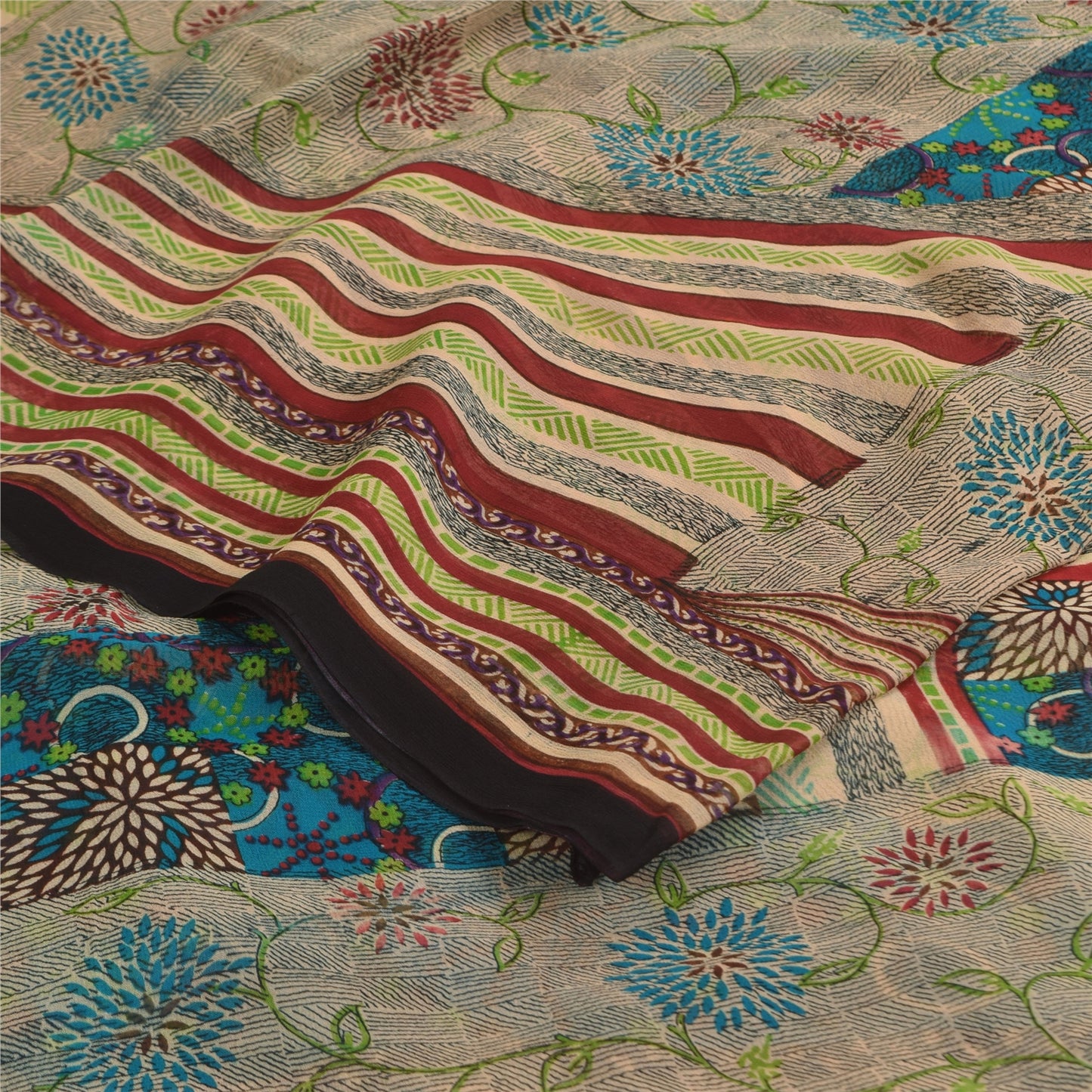 Sanskriti Vintage Sarees Ivory Pure Georgette Silk Print Sari 5+yd Craft Sustainable Fabric