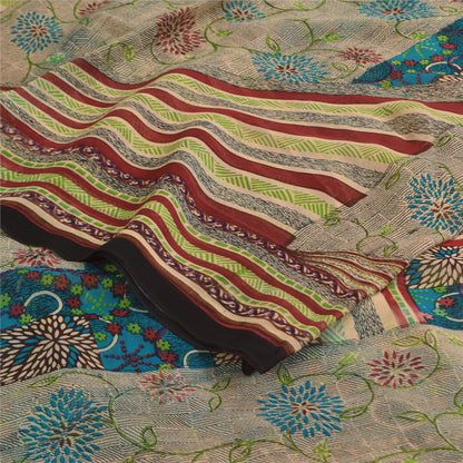 Sanskriti Vintage Sarees Ivory Pure Georgette Silk Print Sari 5+yd Craft Sustainable Fabric