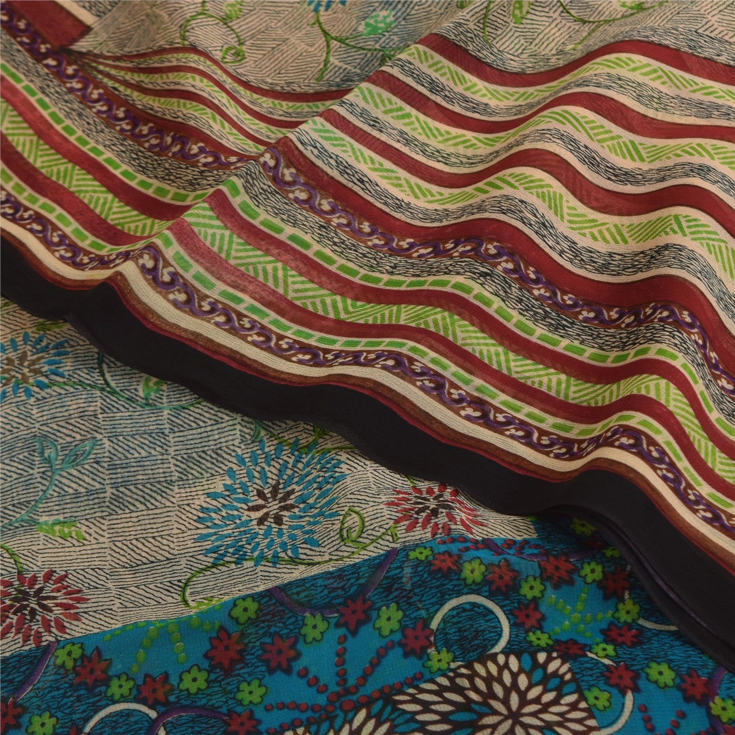 Sanskriti Vintage Sarees Ivory Pure Georgette Silk Print Sari 5+yd Craft Sustainable Fabric