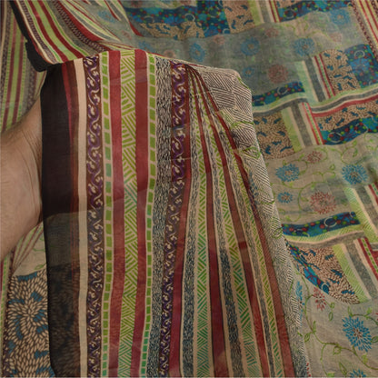 Sanskriti Vintage Sarees Ivory Pure Georgette Silk Print Sari 5+yd Craft Sustainable Fabric