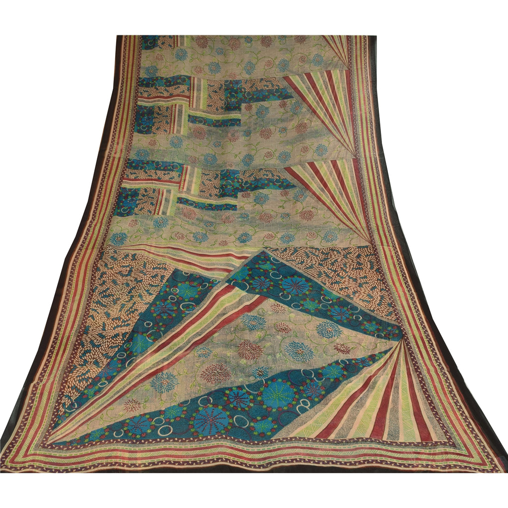 Sanskriti Vintage Sarees Ivory Pure Georgette Silk Print Sari 5+yd Craft Sustainable Fabric